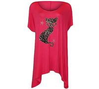 WICKEDFASHIONS123 Women’s Short Sleeve Leopard Cat Studded Sequin Casual Dip Hem Top Ladies Scoop Neck Cat Diamante Stud Hanky Hem Shirt Short Sleeve Sequined Plus Size Top Cerise UK 28-30