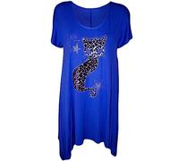 WICKEDFASHIONS123 Women’s Short Sleeve Leopard Cat Studded Sequin Casual Dip Hem Top Ladies Scoop Neck Cat Diamante Stud Hanky Hem Shirt Short Sleeve Sequined Plus Size Top Blue UK 16