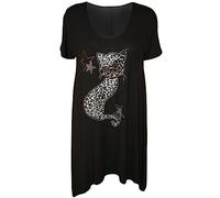 WICKEDFASHIONS123 Women’s Short Sleeve Leopard Cat Studded Sequin Casual Dip Hem Top Ladies Scoop Neck Cat Diamante Stud Hanky Hem Shirt Short Sleeve Sequined Plus Size Top Black UK 28-30