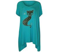 WICKEDFASHIONS123 Women’s Short Sleeve Leopard Cat Studded Sequin Casual Dip Hem Top Ladies Scoop Neck Cat Diamante Stud Hanky Hem Shirt Short Sleeve Sequined Plus Size Top Turquoise UK 28-30