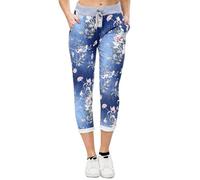 WICKEDFASHIONS123 Womens Floral Printed Turn Up Trousers Italian Style Drawstirng Denim Jeans Ladies Summer Casual Pocketed Pants Italian Trousers (Dark Denim Floral UK 18)
