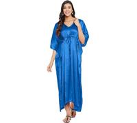 WICKEDFASHIONS123 Womens Silk Long Maxi Plain Nightwear Dress Ladies Kimono Sleeve Long Nightdress Silk Satin Kaftan with Drawstring Night Maxi Caftan Plus Sizes UK 8 To 22 Royal Blue
