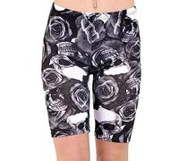 WICKEDFASHIONS123 Women's Stretch Fit Printed Cycling Soft Shorts Casual Short Pants Ladies Slim Fit Printed Gym Sports Elasticated Waist Lightweight Cotton Shorts (Skull Rose, 8-10)