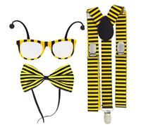 WickedFun® 3 Pcs Bee Costume Accessories Set, Ladies Bee Black & Yellow Striped Dress Up Accessories with Antenna Glasses, Bow Tie And Braces For Adults Halloween Role Play Cosplay