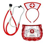WickedFun® 3 Pcs Nurse Costume Accessory Set, Women Girls Fancy Dress Nurse Hat Headband, Stethoscope, Apron Uniform Sets For Halloween Christmas Carnival Cosplay Outfit UK One Size
