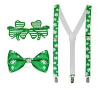WickedFun® 3 Pcs St. Patrick’s Day Accessories Set, Irish Shamrock Green Glasses, Y Shape Adjustable Suspenders Braces & Bow Tie Fancy Dress Costumes Festival Accessory For Party Favor Supplies