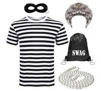 WickedFun® 5 Pcs Grandma Burglar Costume, Old Lady Gangster Granny Fancy Dress With Eyemask, Pearl Beads Necklace, Afro Wig, Stripe T Shirt, & Swag Bag For Carnival World Book Day Outfit, Medium