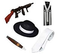 WickedFun® ADULT 1920s GANGSTER FANCY DRESS FOR MEN WHITE BRACES + BLACK TRILBY HAT + FAKE CIGAR FANCY DRESS ACCESSORIES (5 Pieces Full Set)