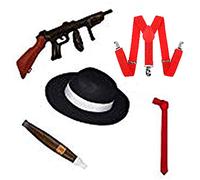 WickedFun® ADULT 1920S MAFIA AL-CAPONE GANGSTER ACCESSORY SET - 5 PIECES RED BRACES TRILBY GANGSTER HAT RED TIE CIGAR FANCY DRESS ACCESSORIES (5 Pieces Full Set)