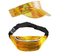 WickedFun® Adult 2 Pcs Shiny Visor Hat And Bum Bag Set, Unisex Fancy Dress Summer Hat & Bag With Adjustable Fun Beach Party Costume Accessories For Men and Women, Shiny Gold Visor Hat & Bump Bag