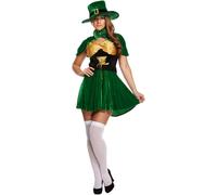 WickedFun® Adult 3 Pcs Irish Leprechaun St Patricks Day Party Costume, Womens Deluxe Sexy Fancy Dress Hat, Dress & Cape Outfit Set For Festival Role Play Cosplay