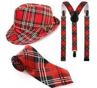 WickedFun® Adult 3 Pcs Scottish Tartan Trilby Gangster Hat, Red Neck Tie & Braces Set, Men Women Plaid Stripes Scottish Style for Hen Wedding Fancy Dress Party Costume Burns Night Set