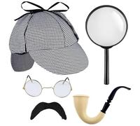 WickedFun® Adult 5 Pcs Detective Costume Set, Victorian Gentleman Brown Pipe + Lined Deerstalker Hat + Magnifying Glass + Gold Frame Glasses + Mustache Detective Fancy Dress Accessories For Men Women