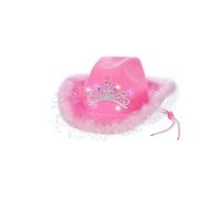 WickedFun Adult Light Up Tiara Cowboy Hat With Fluffy & Glitter Trim - Preppy Glitter Hat for Party Halloween Carnival Costume Accessory (Pink Cowboy Hat With Fluffy Trim)