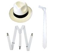 WickedFun® ADULT MEN GANGSTER WHITE HAT TIE BRACES SET FELT TRILBY AL CAPONE MAFIA 1920s FANCY DRESS PARTY ACCESSORIES (3 Pieces Full Set)