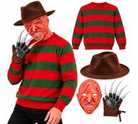 WickedFun Adults 4Pcs Halloween Freddy Costume, Unisex Red Green Stripe Jumper, Burnt Face Mask, Claw Glove & Brown Explorer Hat Horror Fancy Dress Outfit Set For Halloween Parties
