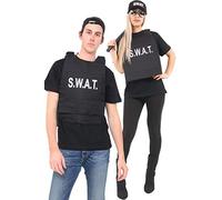 WickedFun® Adults Unisex Police Swat Team Fake Bulletproof Vest & Hat Set - Mens Womens Police FBI Military Style Fancy Dress Costume Accessories (Black, One Size)