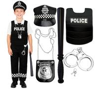 WickedFun Children's Kids 5 Pcs Police Officer Costume Set, Boys Girls Pretend Play Fancy Dress Vest, Hat, Badge, Handcuffs & Truncheon Accessory Sets For Role Play Cosplay Halloween Birthday