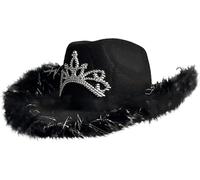 WickedFun Cowboy Hat with Fluff Trim, Adults Texan Wild West Fancy Dress Hats With Tiara Crown For Music Festivals Concerts Hen/Stag Party Accessories Western Style Headwear One Size, Black