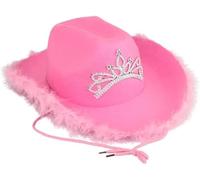 WickedFun Cowboy Hat with Fluff Trim, Adults Texan Wild West Fancy Dress Hats With Tiara Crown For Music Festivals Concerts Hen/Stag Party Accessories Western Style Headwear One Size, Pink