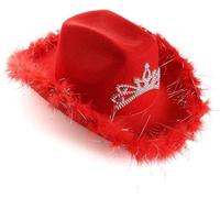 WickedFun Cowboy Hat with Fluff Trim, Adults Texan Wild West Fancy Dress Hats With Tiara Crown For Music Festivals Concerts Hen/Stag Party Accessories Western Style Headwear One Size, Red