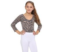 WickedFun CRAZY CHICK® GIRLS KIDS NEW LEOPARD ARMY PRINT LONG SLEEVE STRETCH MICROFIBER DANCE GYMNASTIC LEOTARD BODYSUIT TOP (Brown Leopard, 13 Years)