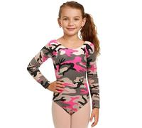 WickedFun CRAZY CHICK® GIRLS KIDS NEW LEOPARD ARMY PRINT LONG SLEEVE STRETCH MICROFIBER DANCE GYMNASTIC LEOTARD BODYSUIT TOP (Pink Camouflage, 9-10 Years)