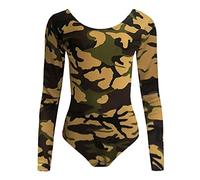 WickedFun CRAZY CHICK® GIRLS KIDS NEW LEOPARD ARMY PRINT LONG SLEEVE STRETCH MICROFIBER DANCE GYMNASTIC LEOTARD BODYSUIT TOP (Camouflage, 7-8 Years)
