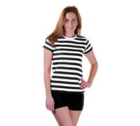 WickedFun® Fancy Dress COMPLETE Ladies French Mime Artist Costume Striped T Shirt, Beret, Tights, Braces & Gloves 6 Pieces French Fancy Dress Set (Large/X-Large, T-Shirt)