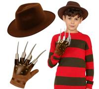 WickedFun Freddy Inspired Explorer Hat & Claw Glove Set For Kids & Adults, Brown Halloween Fancy Dress Costume Accessory, Nightmare Horror Cosplay Prop for Men Women Boys Girls Unisex Party Outfit