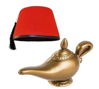 WickedFun Genie Gold Lamp & Red Fez Hat Set, Turkish Moroccan Tommy Cooper Headwear Hat & Golden Aladdin's Genie Plastic Model 23x12cm Lamp Fancy Dress Party Accessory Cosplay Halloween Props