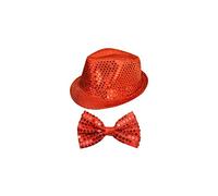 WickedFun® Girls Ladies Women's Men's Sequin Fedora Hat & Sequin Bow Tie Set Perfect For Dance Show and Stage Show Hen Night Fancy Dress (Red)