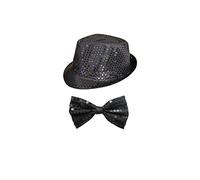 WickedFun® Girls Ladies Women's Men's Sequin Fedora Hat & Sequin Bow Tie Set Perfect For Dance Show and Stage Show Hen Night Fancy Dress (Black)