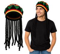 WickedFun Jamaican Rasta Hat with Long Dreadlock Hair, Adult Rastafarian Caribbean Beanie Costume Accessory Fancy Dress Hat For Halloween Parties, Cosplay & Festivals