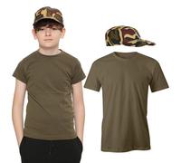 WickedFun® Kids 2 Pcs Army Camouflage Hat & Khaki Green T Shirt Set, Children Boys Girls Military Soldiers Baseball Sun Cap Army Combat Fancy Dress Solid T Shirts Top UK Age 5-13 Years, 7-8 Years