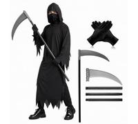 WickedFun Kids Grim Reaper Costume, Halloween Hooded Cloak Set With Black Gloves & Scythe Prop, Spooky Party Cosplay Horror Theme Fancy Dress Outfit For Boys Girls Ages 4-12 Years