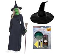 WickedFun® Ladies Wicked Witch Costume, Womens Black Witch Dress, Evil Hat & Green Face Paint Fancy Dress Costume Accessories For Halloween, World Book Day For Adults UK Size M To XL, Extra Large