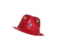 WickedFun LED Light Up Sequin Trilby Hat, Unisex Stylish Short Brim Retro Dance Party Fancy Dress Cowboy Hats for Hen Party Night, Dancers, Gangsters, Rapper, Red