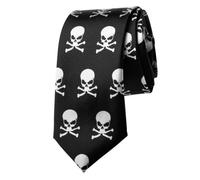 WickedFun® MEN’S LUXURY Polyester Casual Satin Neck Tie Plain Stripped Printed Wedding School Formal Halloween Fancy Dress Party Ties UK (Black White Skulls Printed)