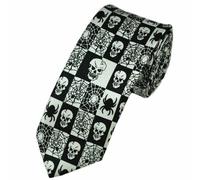 WickedFun® MEN’S LUXURY Polyester Casual Satin Neck Tie Plain Stripped Printed Wedding School Formal Halloween Fancy Dress Party Ties UK (Black White Skulls and Spiders Printed)
