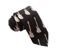 WickedFun® MEN’S LUXURY Polyester Casual Satin Neck Tie Plain Stripped Printed Wedding School Formal Halloween Fancy Dress Party Ties UK (Black White Guitars)