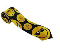 WickedFun® MEN’S LUXURY Polyester Casual Satin Neck Tie Plain Stripped Printed Wedding School Formal Halloween Fancy Dress Party Ties UK (Black Yellow Smiley Face Printed)
