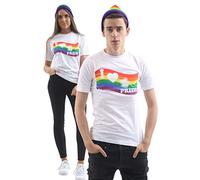 WickedFun® Men Women's I Love Pride T-Shirt - White Cotton Rainbow Flag Stripe Printed T-Shirt Lesbian LGBTQ Parade Party Fancy Dress (Medium)
