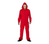 WickedFun® Men's Adults Unisex Bank Robber Fancy Dress Costume - Red Jump Suit With Hood Costume & Salvador Dali Face Mask (Red, Small)