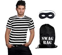 WickedFun® Mens Burglar Bank Robber Criminal Stag Night Uniform Fancy Dress Costume Stripe T-Shirt Top, Eye Mask, Swag Bag Set Robber Thief (Small)