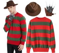 WickedFun Mens Red Green Stripe Knitted Jumper Explore Hat Glove Halloween Fancy Dress Costume Outfit (Large)
