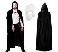 WickedFun® Phantom of the Opera Halloween Fancy Dress Set Black Cape White Half Mask Set