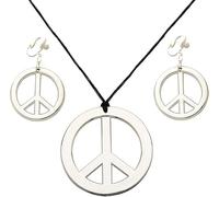 WickedFun Silver Peace Sign Hippie Necklace Earrings Set, Adult Kids 60s 70s Fancy Dress Peace Symbol Jewelry Decoration Hippie Party Dressing Costumes Accessories For Hippy Theme Parties