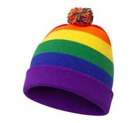 WickedFun® Unisex Rainbow Striped Gay Pride Knitted Beanie Hat, Warm Winter Short Pom Pom Multi Color LGBT Hats, Beanie Winter Caps For Mens And Womens One Size (1X Hat Only)