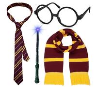 WickedFun® Wizard School Fancy Dress Magician Outfit, World Book Day, Halloween Scarf Tie Glasses Wand Costume Accessories Set, (4 Pcs - Tie, Wand, Scarf, Glasses Set)